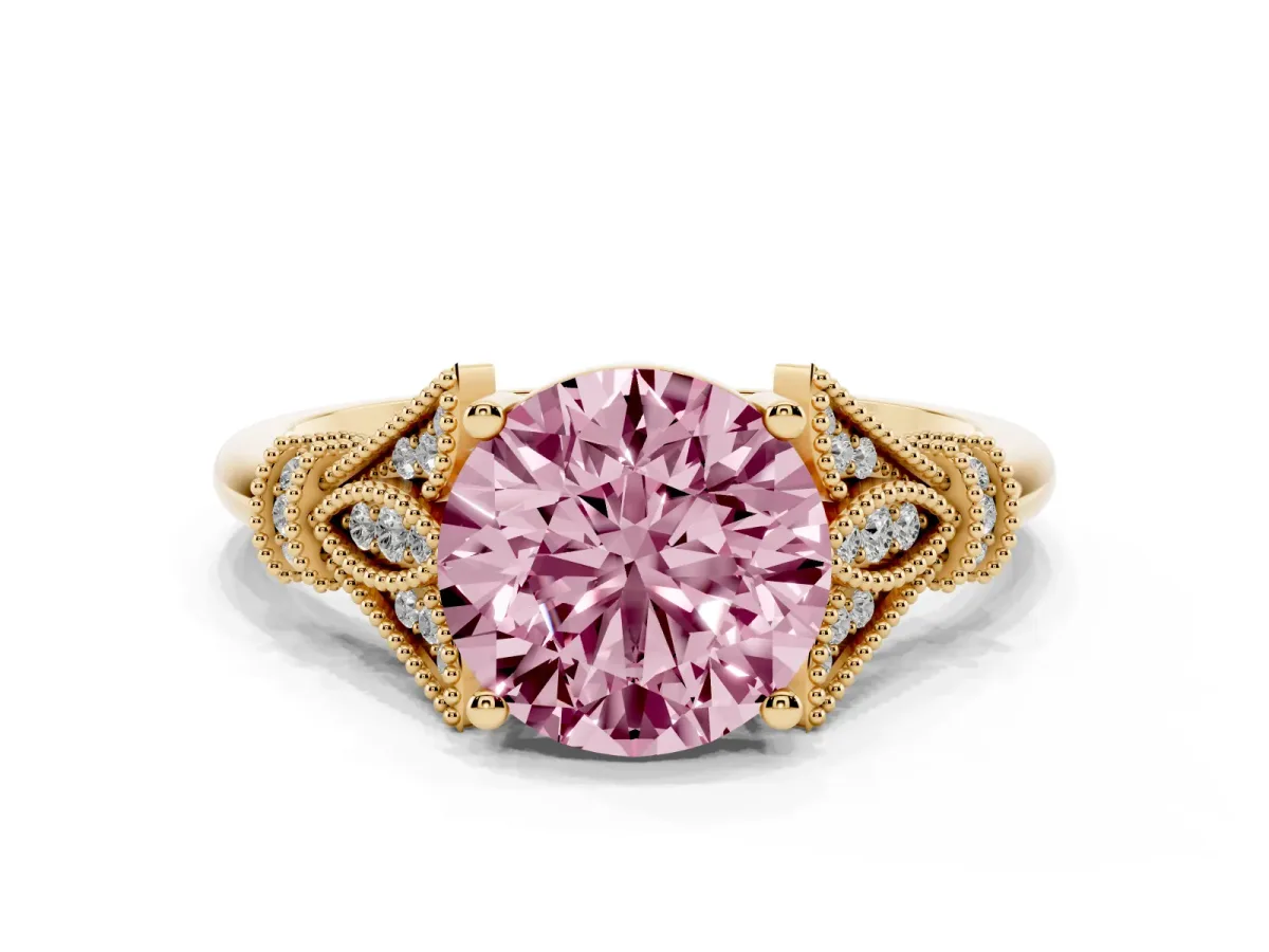 Fancy Pink Round Cut Diamond Solitaire Ring with Floral Filigree and Pave Accents Yellow gold