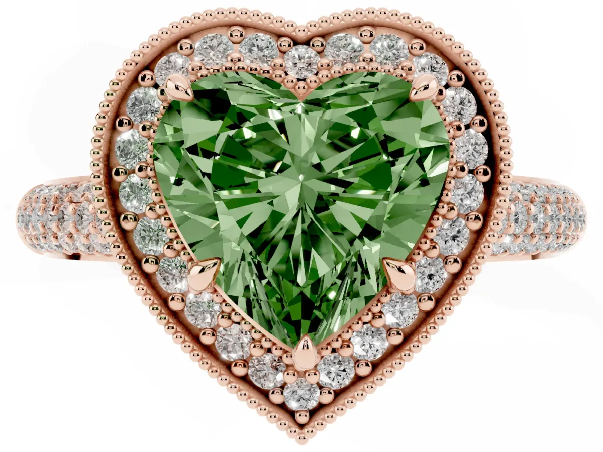 Fancy Green Heart Cut Cut Halo Diamond Pave Band with Four-Prong Setting Rose gold