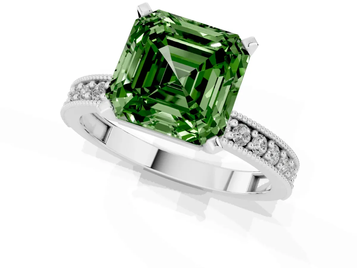 Fancy Green Asscher Cut Diamond Milgrain Pavé Engagement Ring with Four-Prong Setting Silver