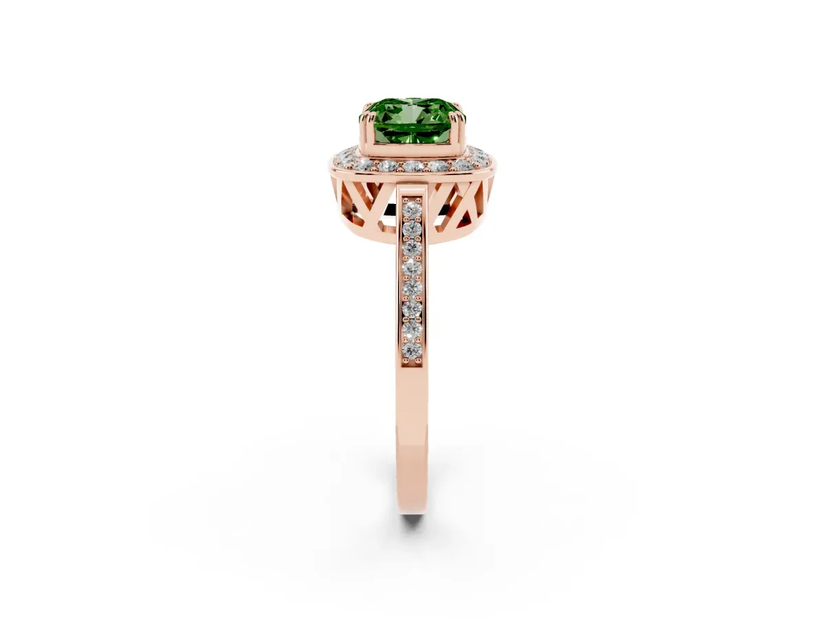 Fancy Green Cushion Cut Diamond Halo Ring with Split Shank and Four-Prong Setting Rose gold
