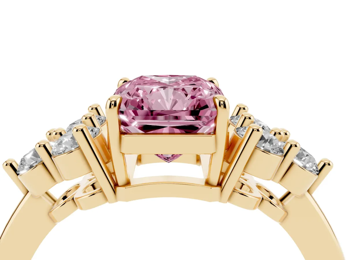 Fancy Pink Radiant Cut Brilliant Diamond Cluster Accent Solitaire Ring with Prong Setting Yellow gold