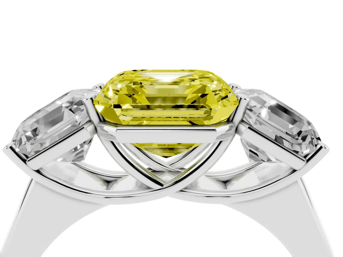 Fancy Yellow Asscher Cut Three-Stone Diamond Ring with Prong Setting on a Classic Band Silver