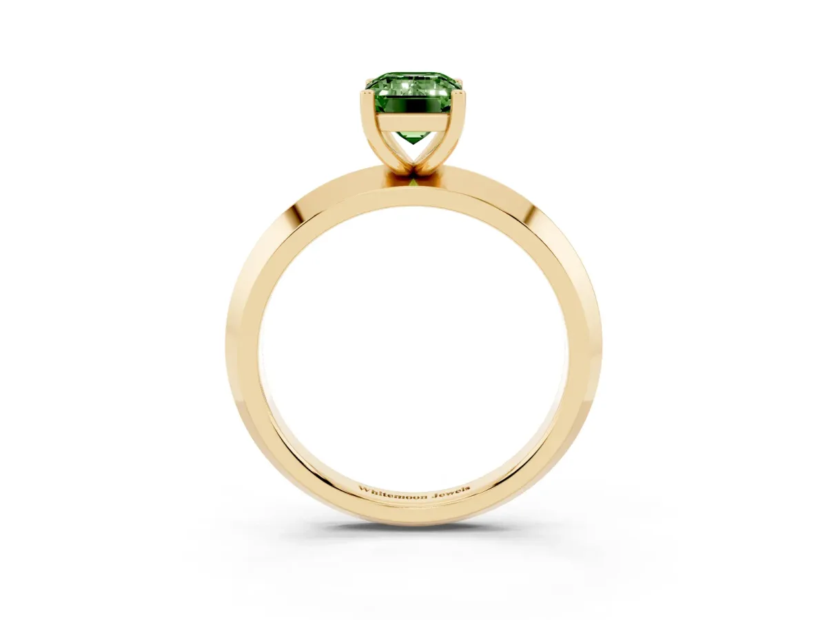 Fancy Green Emerald Cut Cut Solitaire Engagement Ring with Flat Band and Four-Prong Setting Yellow gold