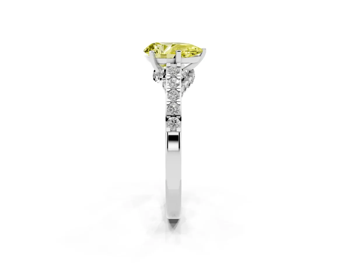 Fancy Yellow Pear Cut Diamond Solitaire Ring with Crossover Gallery and Round Pavé Band Silver