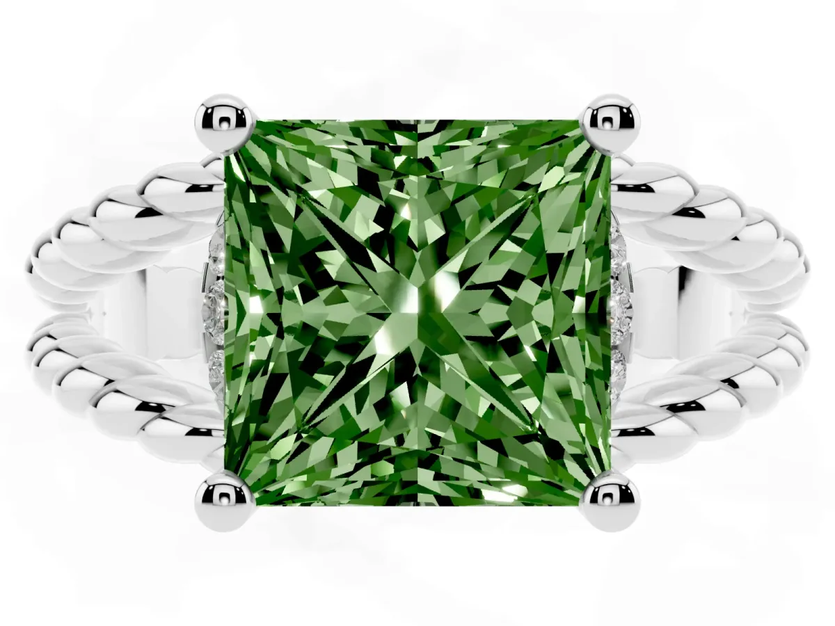 Fancy Green Princess Cut Halo Twisted Band Four-Prong Ring White gold