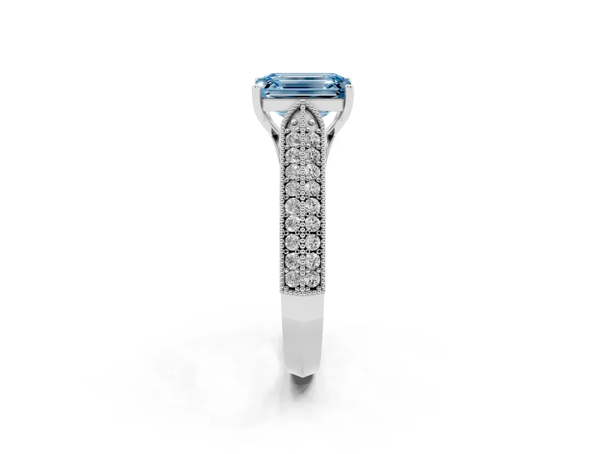 Fancy Blue Emerald Cut Cut Pave Split Shank Engagement Ring with Four-Prong Setting White gold