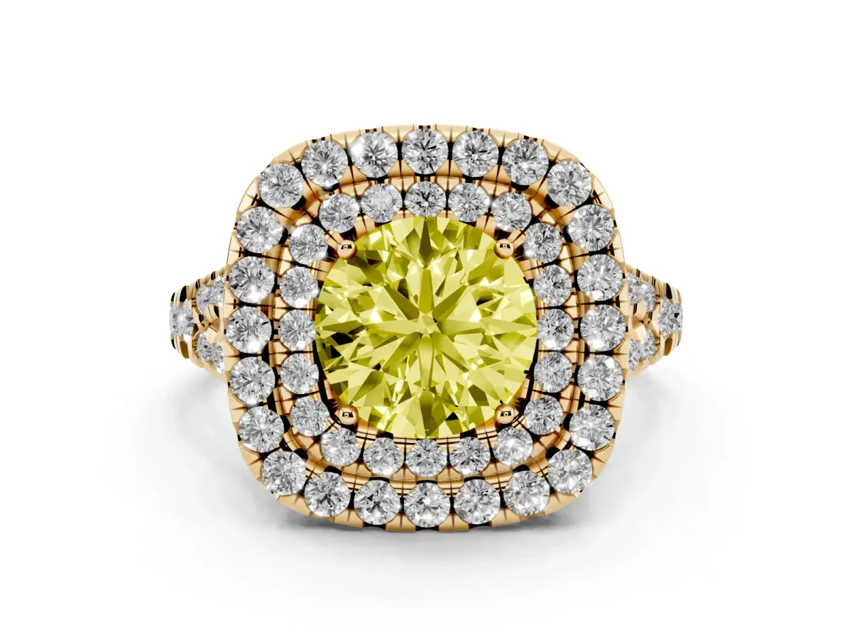 Fancy Yellow Double Halo Round Cut Diamond Pavé Split Shank Ring with Prong Setting Yellow gold