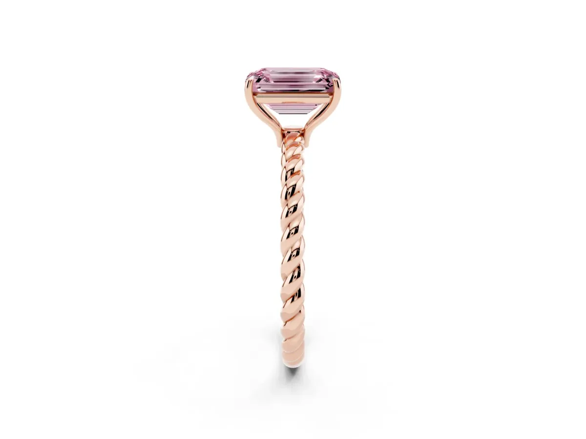Fancy Pink Emerald Cut Solitaire Twist Band Ring with Four-Prong Setting Rose gold