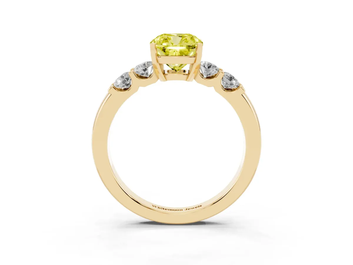 Fancy Yellow Cushion Cut Brilliant Cut Diamond Five-Stone Prong Set Engagement Ring with Channel Band Yellow gold