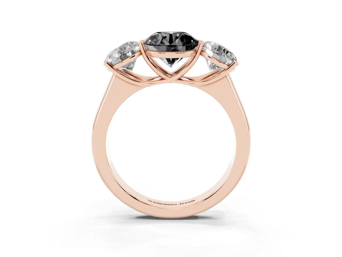 Fancy Black Round Cut Three-Stone Diamond Ring with Prong Setting on a Classic Band Rose gold