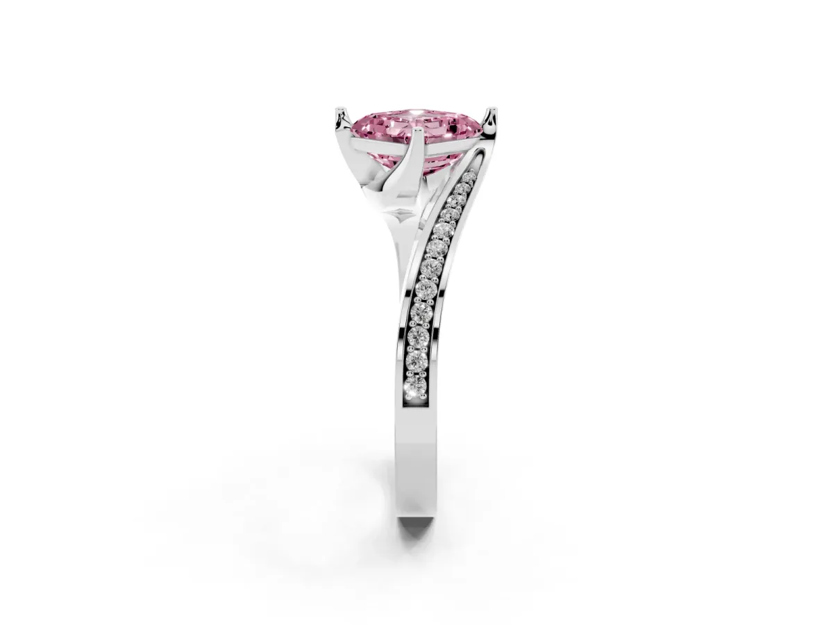 Fancy Pink Asscher Cut Solitaire Diamond Twist Band with Pavé Setting and Four-Prong Setting Platinum