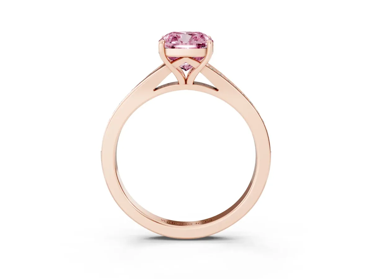 Fancy Pink Cushion Cut Diamond Solitaire Ring with Pavé Band and Prong Setting Rose gold