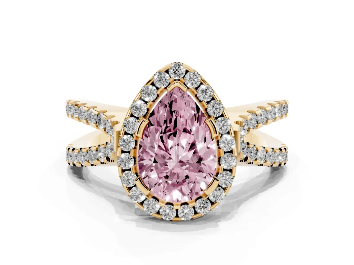 Fancy Pink Pear Cut Diamond Halo Ring with Split Shank Pavé Band and Prong Setting Yellow gold