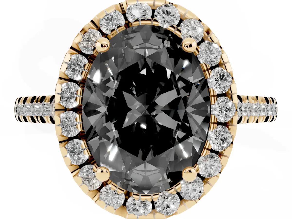 Fancy Black Oval Cut Diamond Cushion Halo Ring with Pavé Band Yellow gold