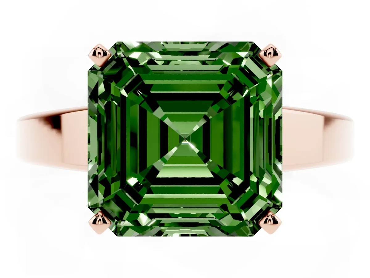 Fancy Green Asscher Cut Solitaire Engagement Ring with Four-Prong Setting and Tapered Band Rose gold