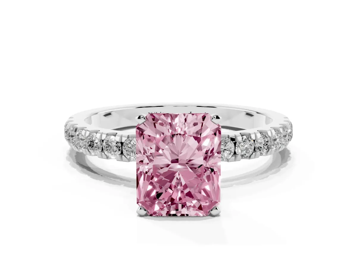 Fancy Pink Radiant Cut Diamond Solitaire Ring with Pavé Accents and Four-Prong Setting Platinum