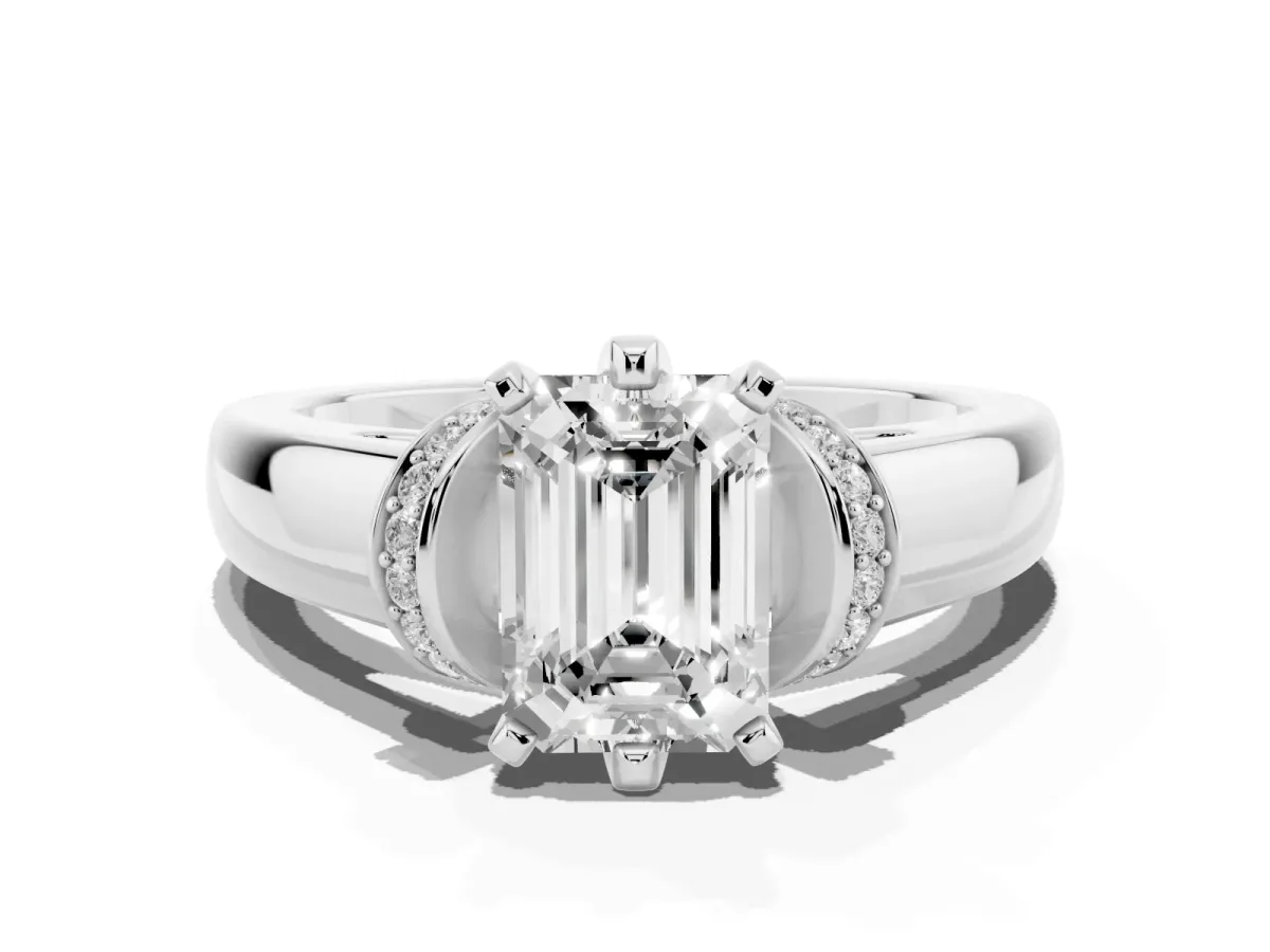 Emerald Cut Solitaire Diamond Ring with Pave Band and Six-Prong Setting Platinum