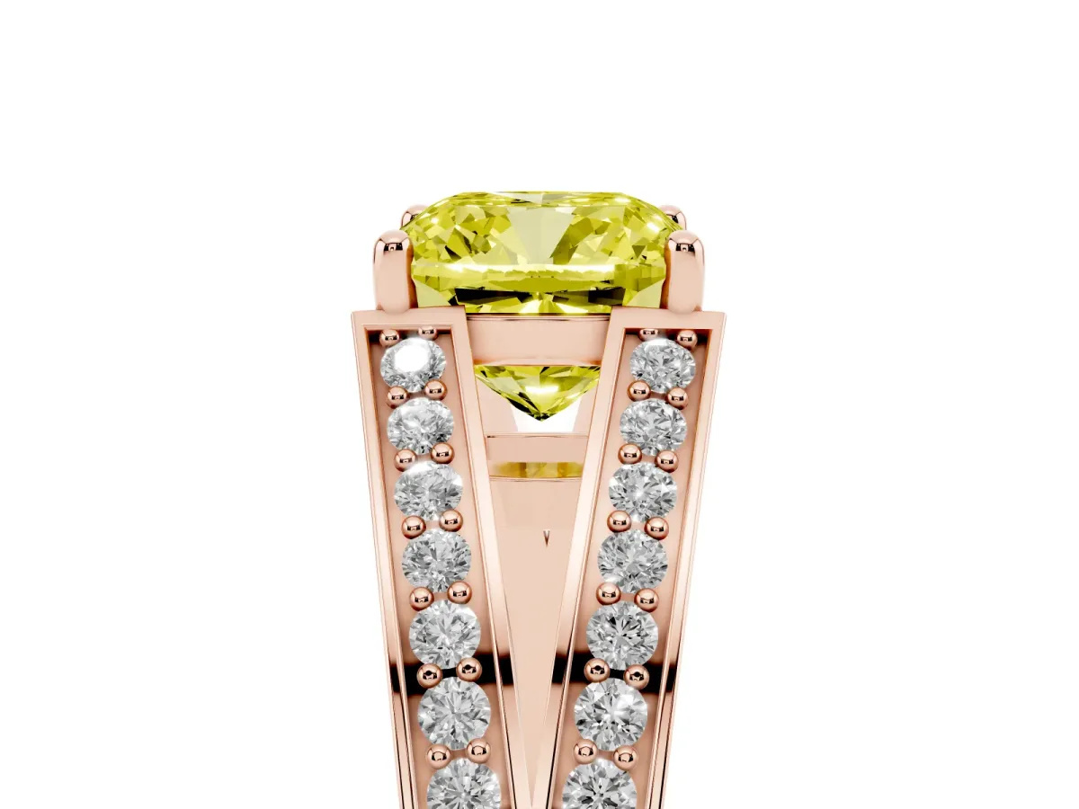 Fancy Yellow Cushion Cut Diamond Split Shank Ring with Pavé Band and Four-Prong Setting Rose gold
