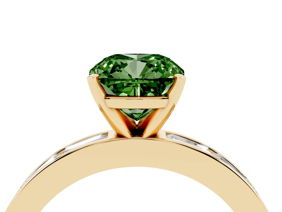 Fancy Green Cushion Cut Solitaire Diamond Ring with Channel-Set Baguette Band and Four-Prong Setting Yellow gold