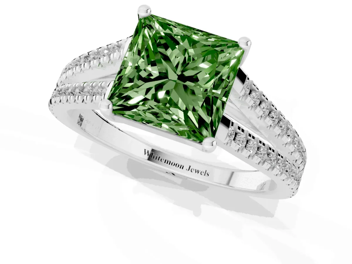 Fancy Green Princess Cut Diamond Solitaire Engagement Ring with Split Shank Pavé Band Silver