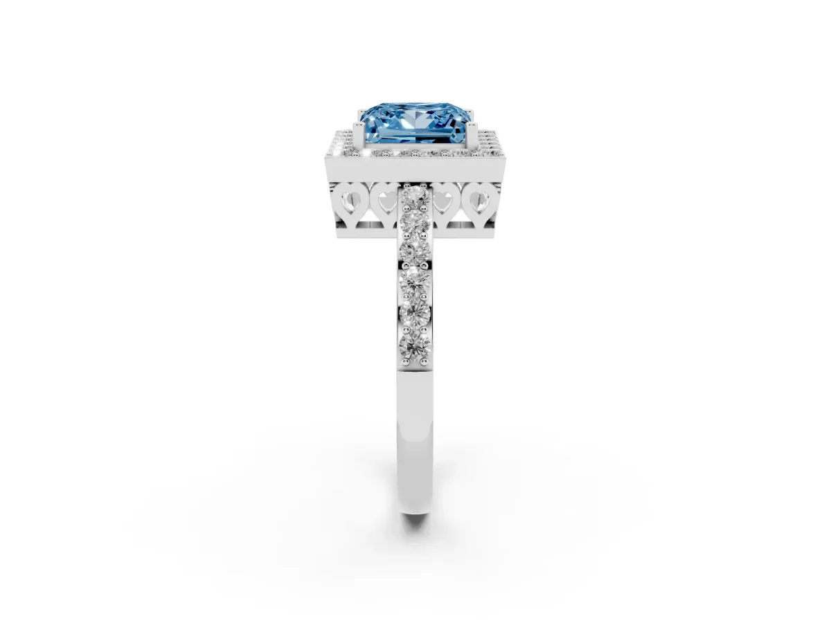 Fancy Blue Princess Cut Halo Diamond Pavé Band Ring with Prong Setting Silver
