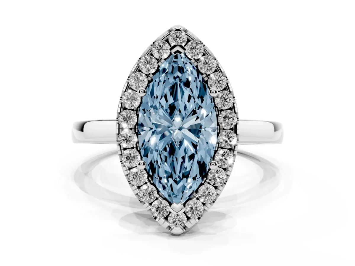 Fancy Blue Marquise Cut Halo Diamond Solitaire with Pavé Band and Four-Prong Setting White gold