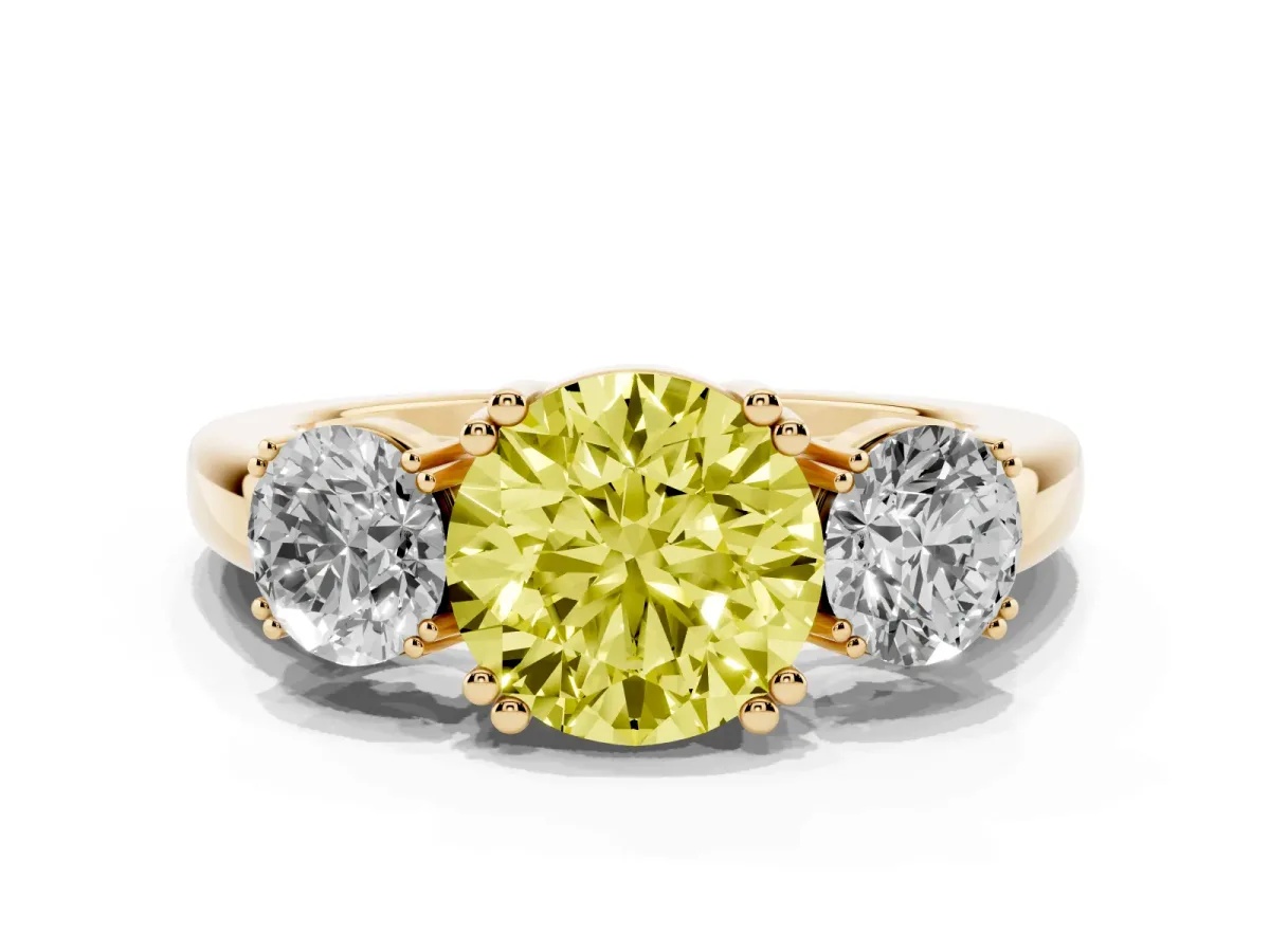 Fancy Yellow Three-Stone Round Cut Cut Diamond Ring with Channel Set Band and Four-Prong Setting Yellow gold