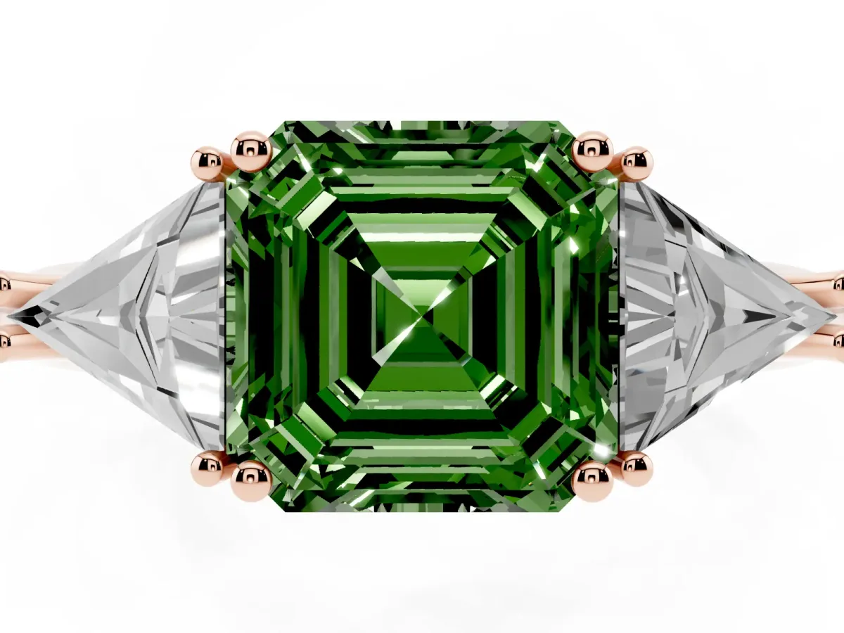 Fancy Green Three-Stone Asscher Cut Diamond Engagement Ring with Trillion Side Stones and Prong Setting Rose gold