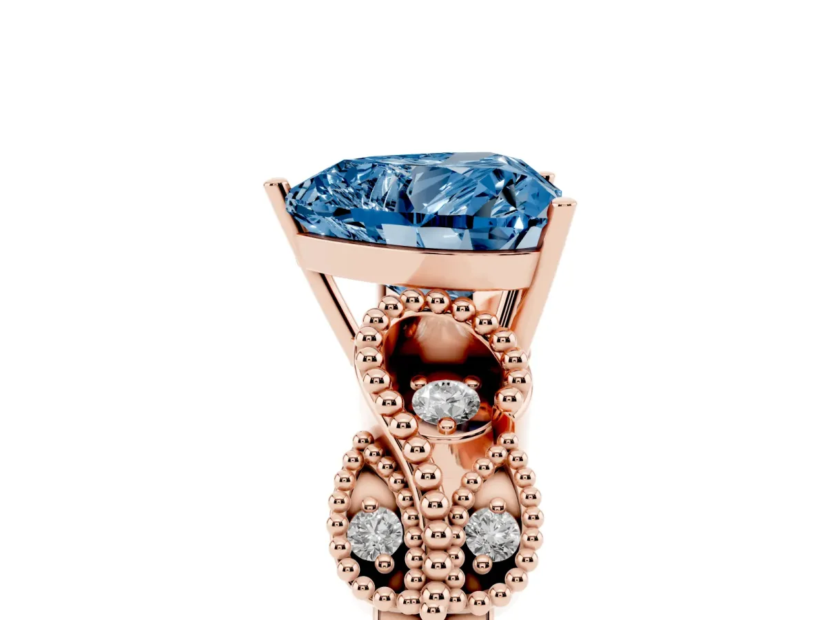 Fancy Blue Heart Cut Solitaire Milgrain Leaf Band with Prong Setting Rose gold