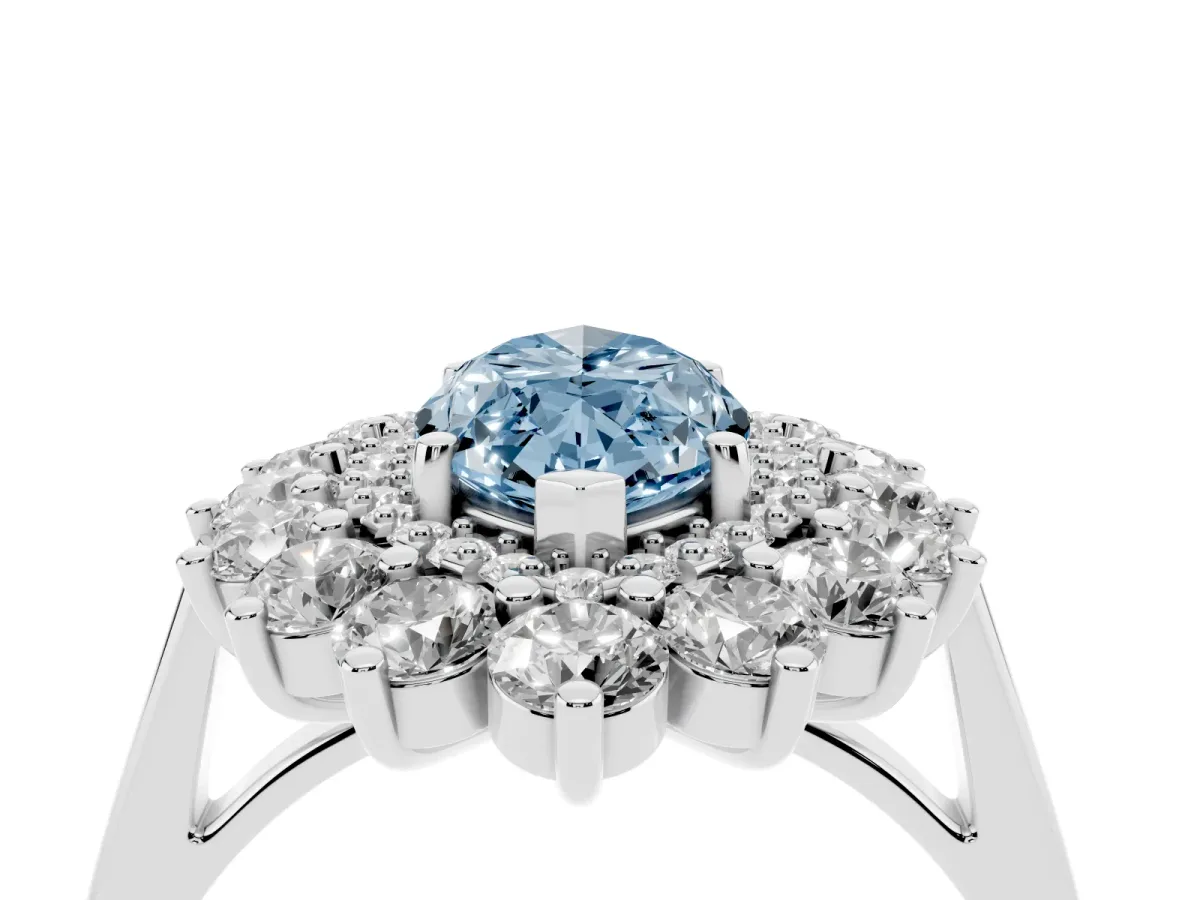 Fancy Blue Marquise Cut Diamond Floral Double Halo Engagement Ring with Prong Setting Platinum