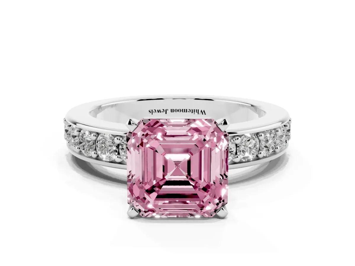 Fancy Pink Asscher Cut Diamond Engagement Ring with Channel Set Round Band and Prong Setting White gold