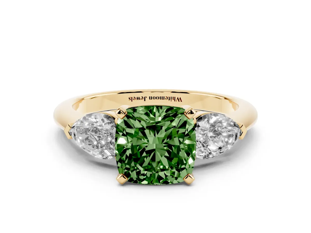 Fancy Green Three-Stone Cushion Cut Diamond Ring with Pear Side Stones and Four-Prong Setting Yellow gold