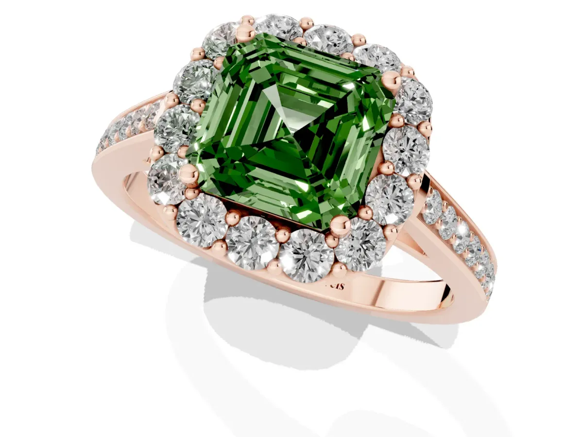 Fancy Green Asscher Cut Diamond Floral Halo Ring with Pavé Band and Prong Setting Rose gold