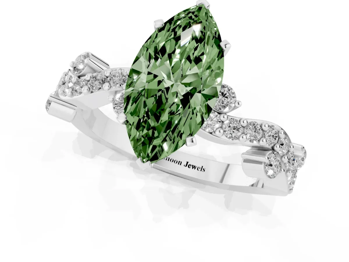 Fancy Green Marquise Cut Cut Solitaire Diamond Twisted Band with Pave Setting Silver
