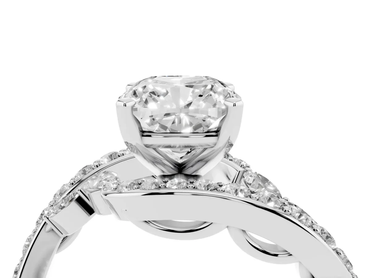 Cushion Cut Diamond Solitaire Ring with Filigree Band and Four-Prong Setting Silver