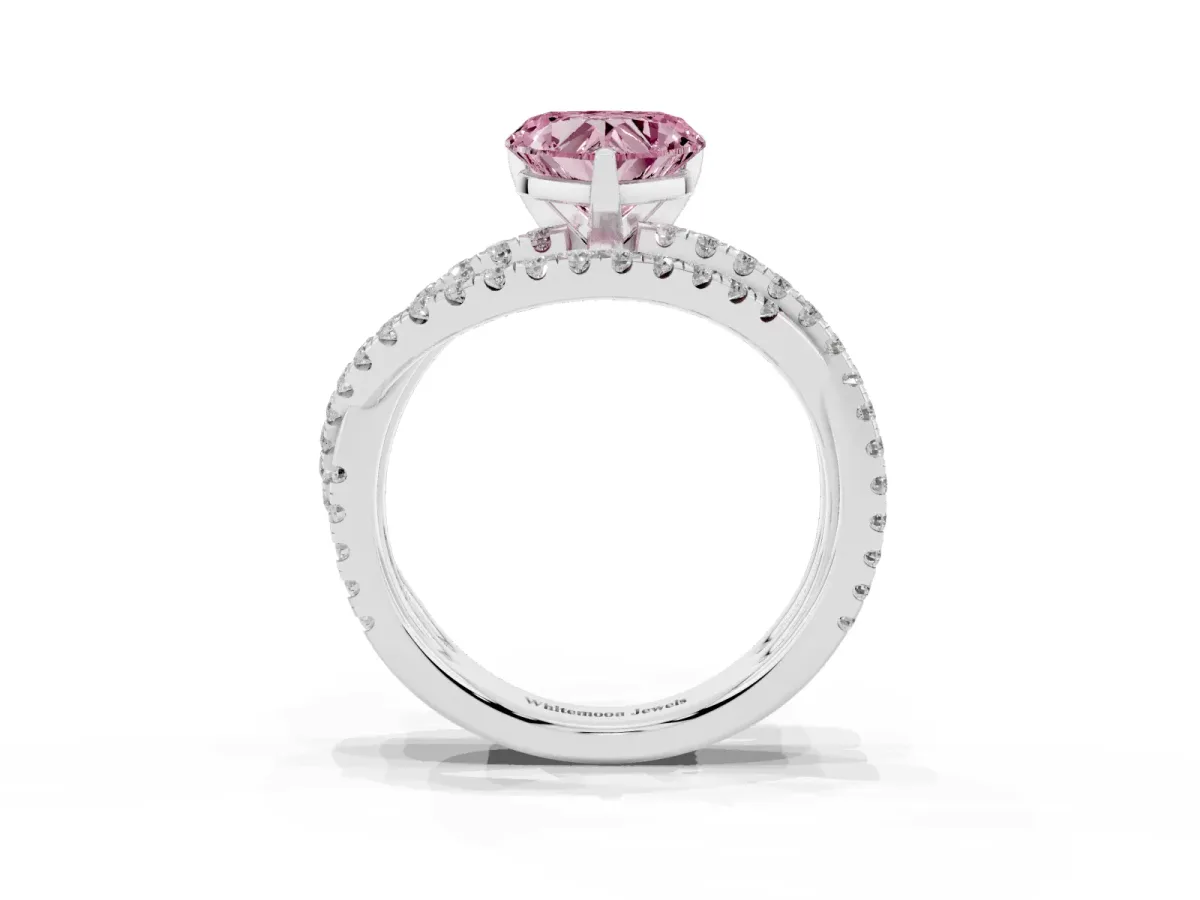 Fancy Pink Heart Cut Solitaire Twist Band with Pavé Setting and Four-Prong Setting Silver