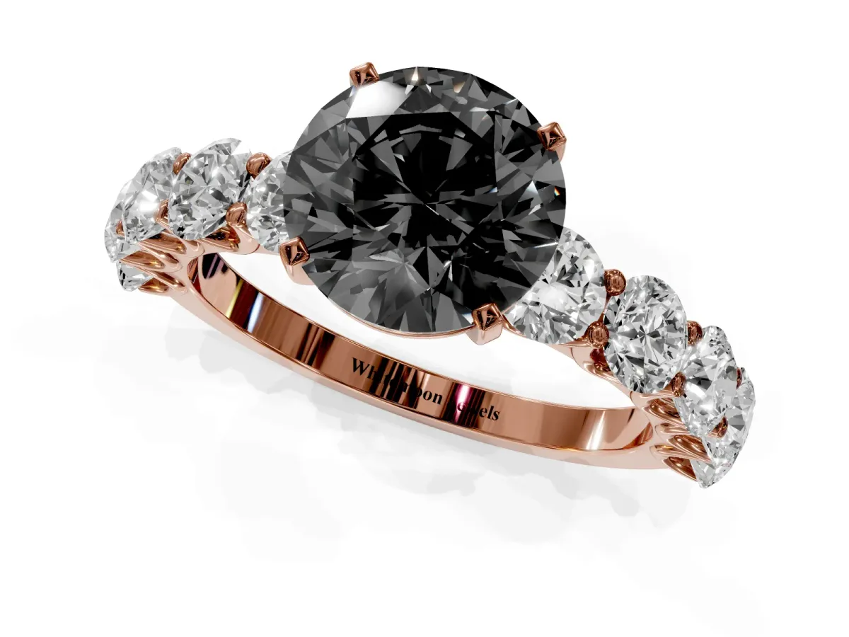 Fancy Black Round Cut Diamond Prong Setting with Side Stones on a Pave Band Rose gold