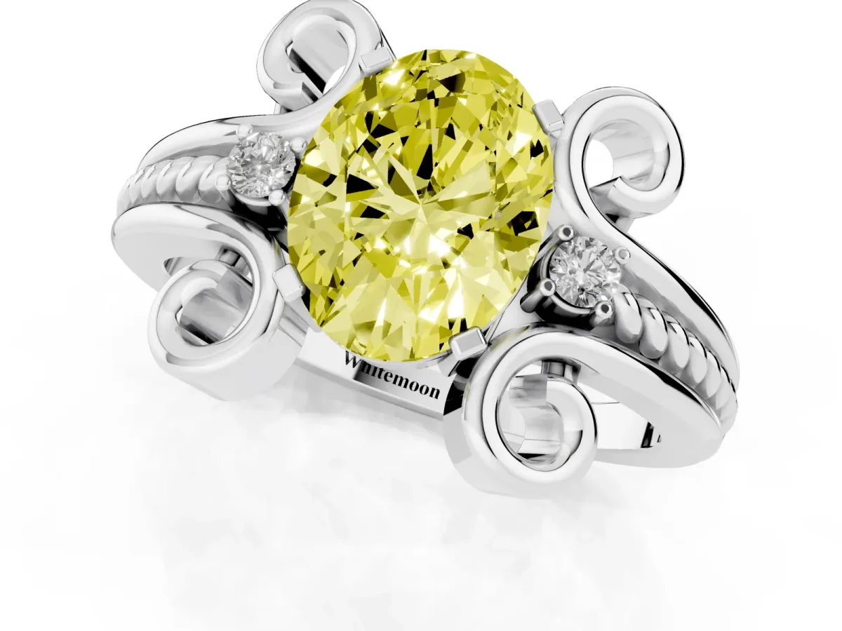Fancy Yellow Oval Cut Solitaire Twisted Band Scroll Prong Ring Platinum