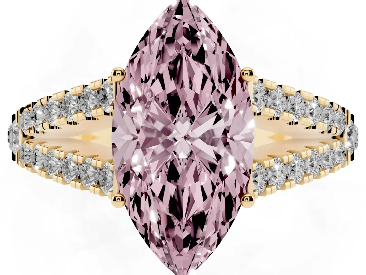 Fancy Pink Marquise Cut Diamond Split Shank Engagement Ring with Round Pavé and Prong Setting Yellow gold