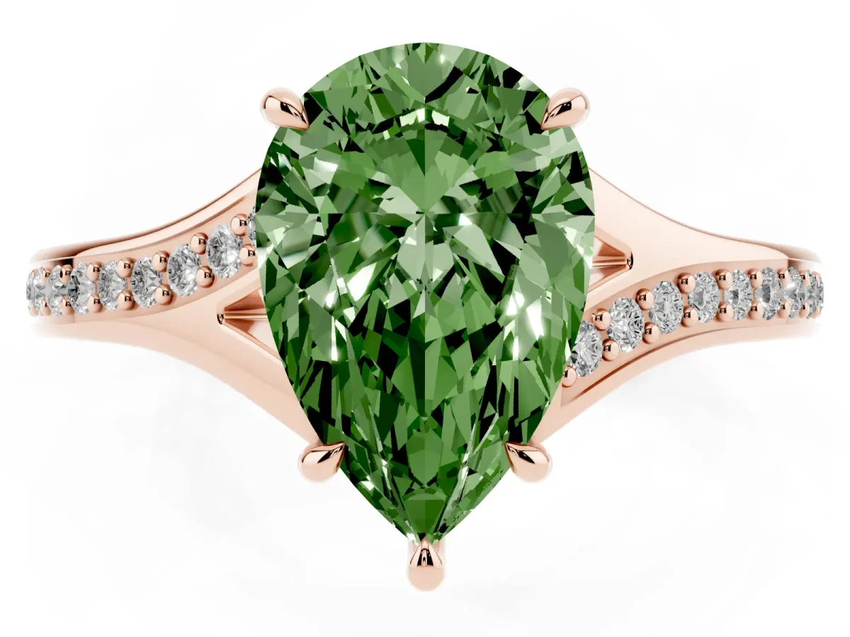 Fancy Green Pear Cut Diamond Solitaire Ring with Pavé Band and Prong Setting Rose gold