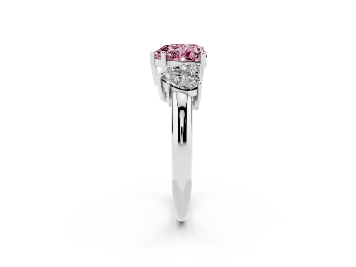 Fancy Pink Three-Stone Heart Cut Cut Diamond Engagement Ring with Prong Setting on a White Gold Band Silver