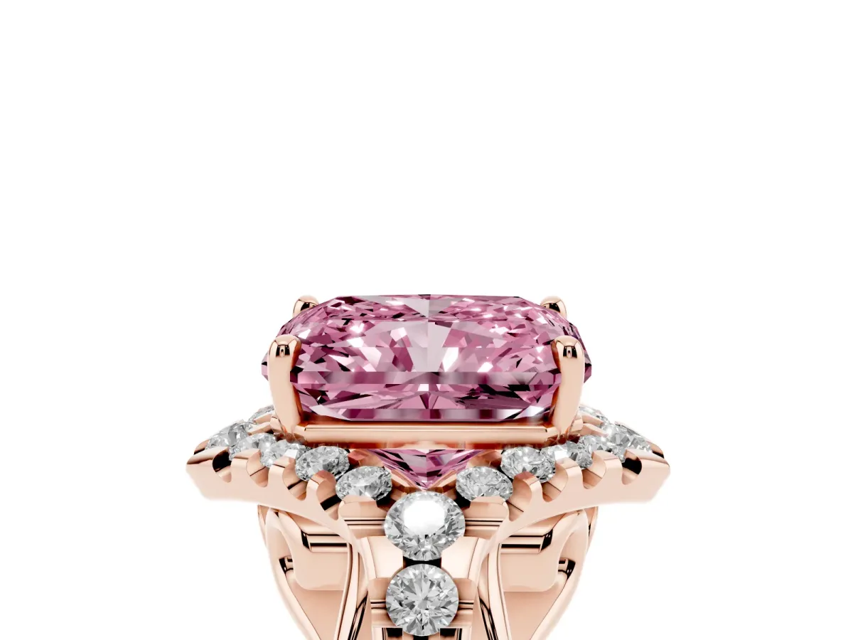 Fancy Pink Radiant Cut Diamond Solitaire Ring with Hidden Halo and Pavé Band Rose gold