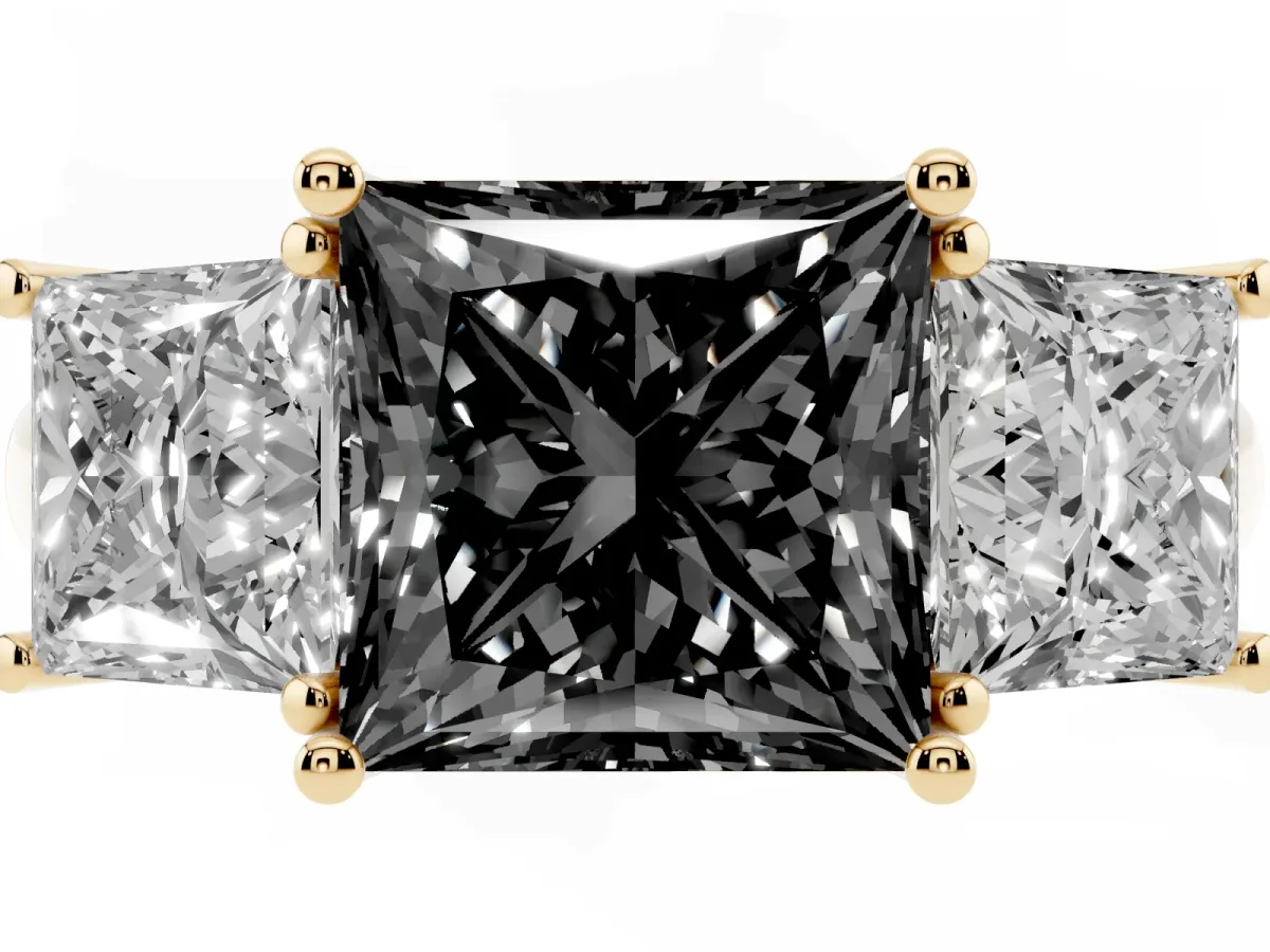 Fancy Black Three-Stone Princess Cut Diamond Engagement Ring with Prong Setting Yellow gold