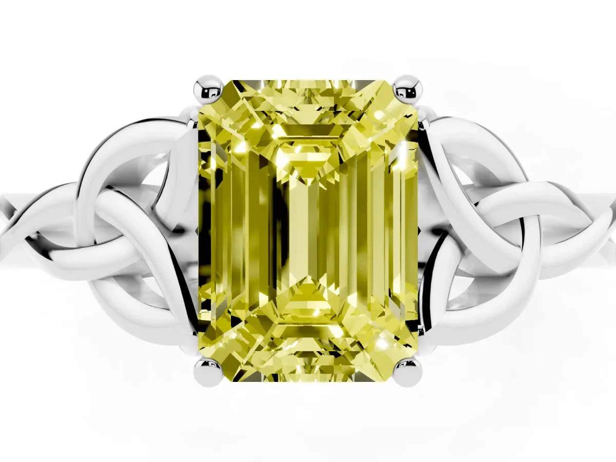 Fancy Yellow Emerald Cut Diamond Solitaire Engagement Ring with Celtic Knot Band and Four-Prong Setting Silver