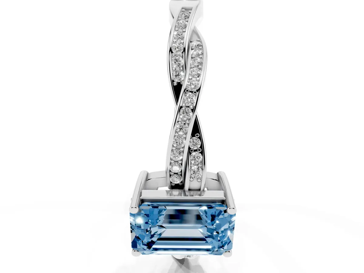 Fancy Blue Emerald Cut Solitaire Twisted Pave Diamond Ring with Four-Prong Setting White gold