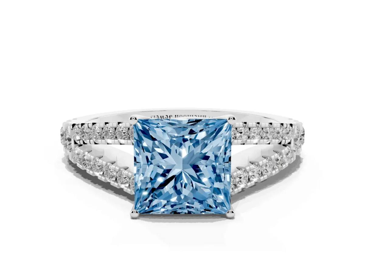 Fancy Blue Princess Cut Diamond Split Shank Engagement Ring with Round Pavé and Prong Setting Platinum