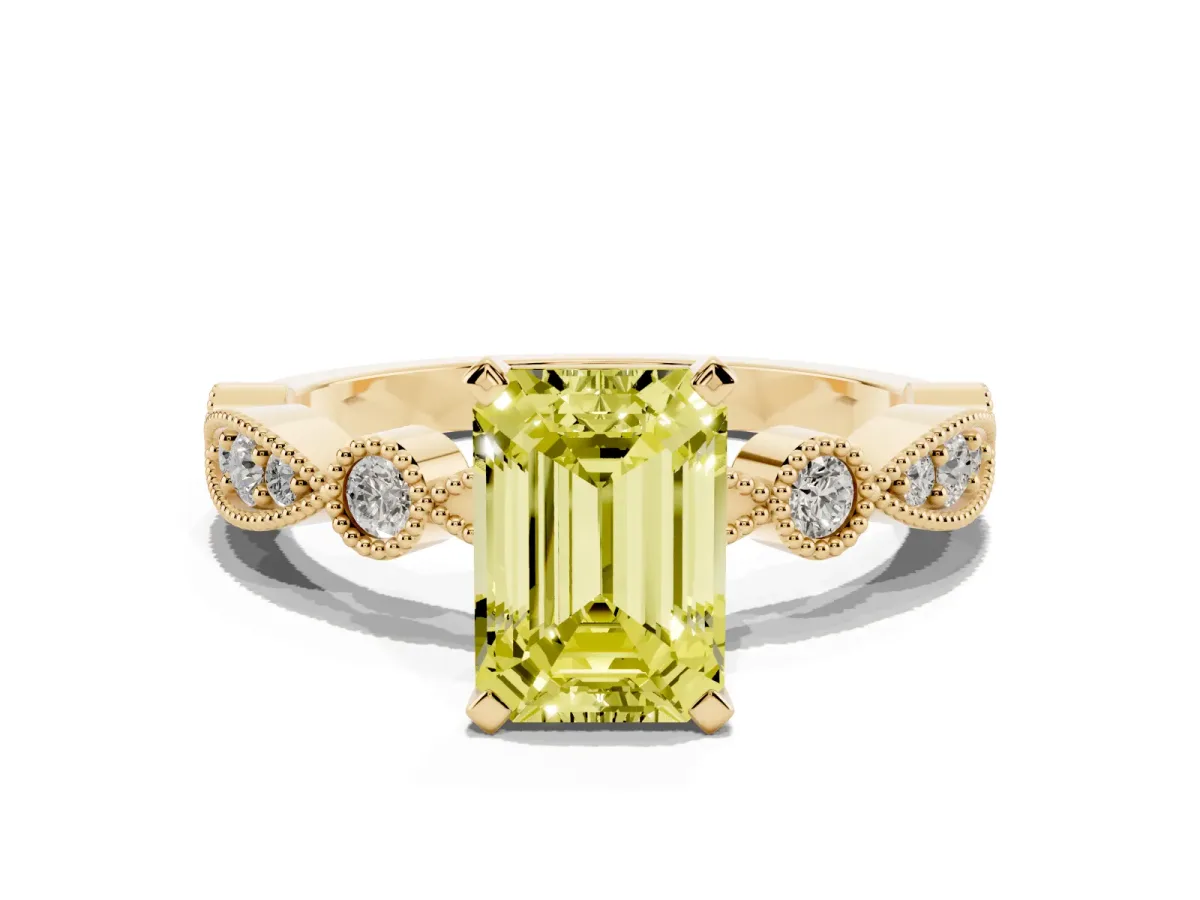 Fancy Yellow Emerald Cut Milgrain Bezel Diamond Engagement Ring with Solitaire Prong Setting Yellow gold