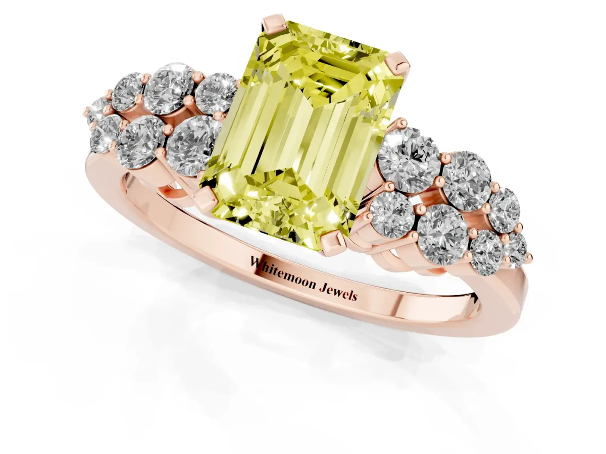 Fancy Yellow Emerald Cut Cluster Diamond Engagement Ring with Pavé Band and Four-Prong Setting Rose gold