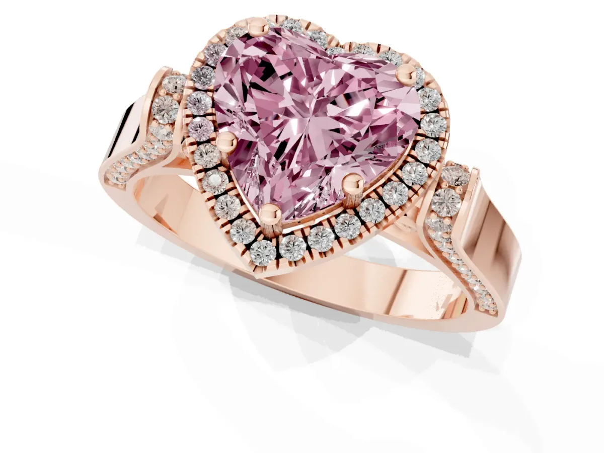 Fancy Pink Heart Cut Halo Round Diamond Twist Band with Four-Prong Setting Rose gold