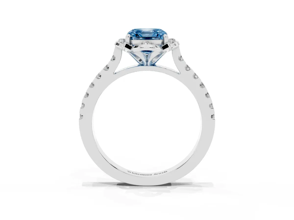 Fancy Blue Asscher Cut Diamond Ring with Pavé Band and Floral Prong Setting Silver